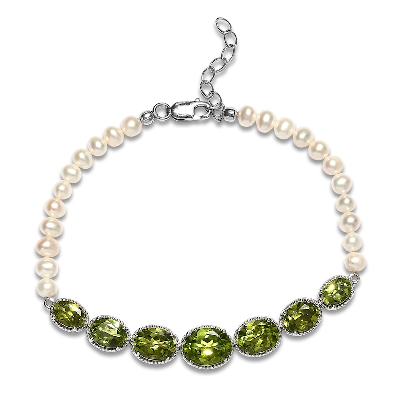 Natural Peridot & South Sea Cultured Pearl Bracelet 14K White Gold 7.5"