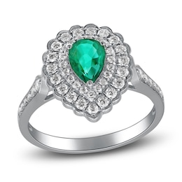 Pear-Shaped Natural Emerald Halo Engagement Ring 1/2 ct tw 14K White Gold