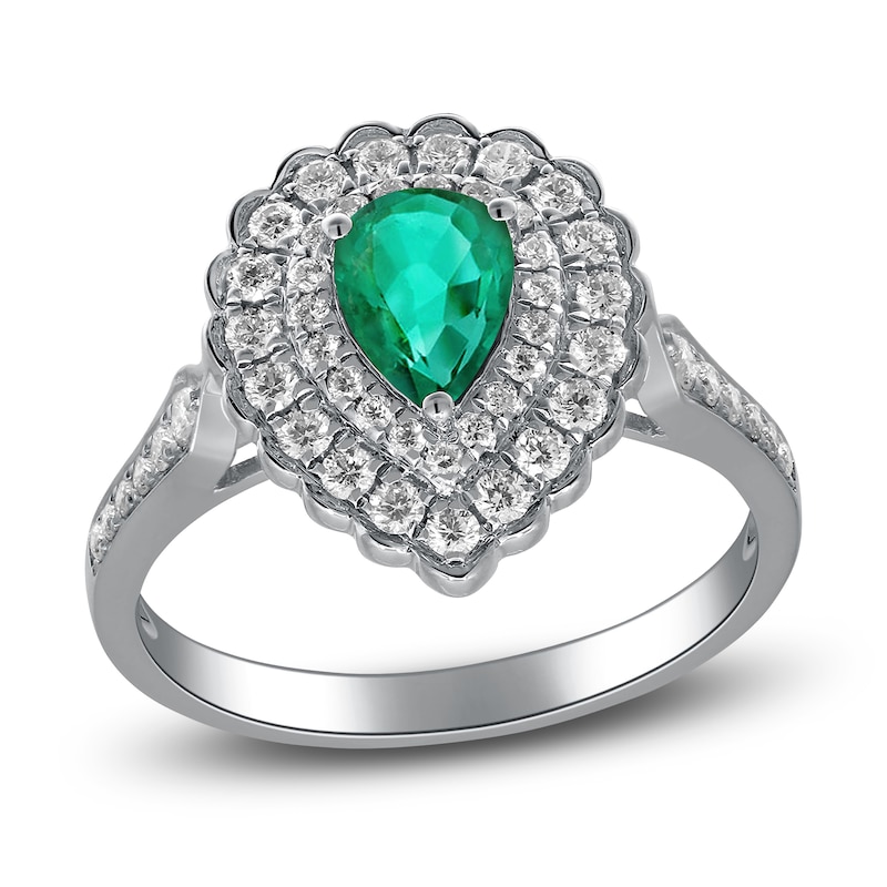 Main Image 1 of Pear-Shaped Natural Emerald Halo Engagement Ring 1/2 ct tw 14K White Gold