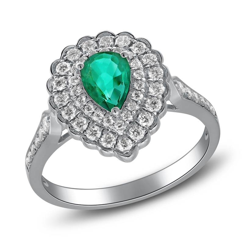 Main Image 2 of Pear-Shaped Natural Emerald Halo Engagement Ring 1/2 ct tw 14K White Gold