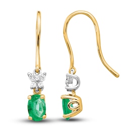 Natural Emerald Dangle Earrings 1/6 ct tw Diamonds 14K Yellow Gold