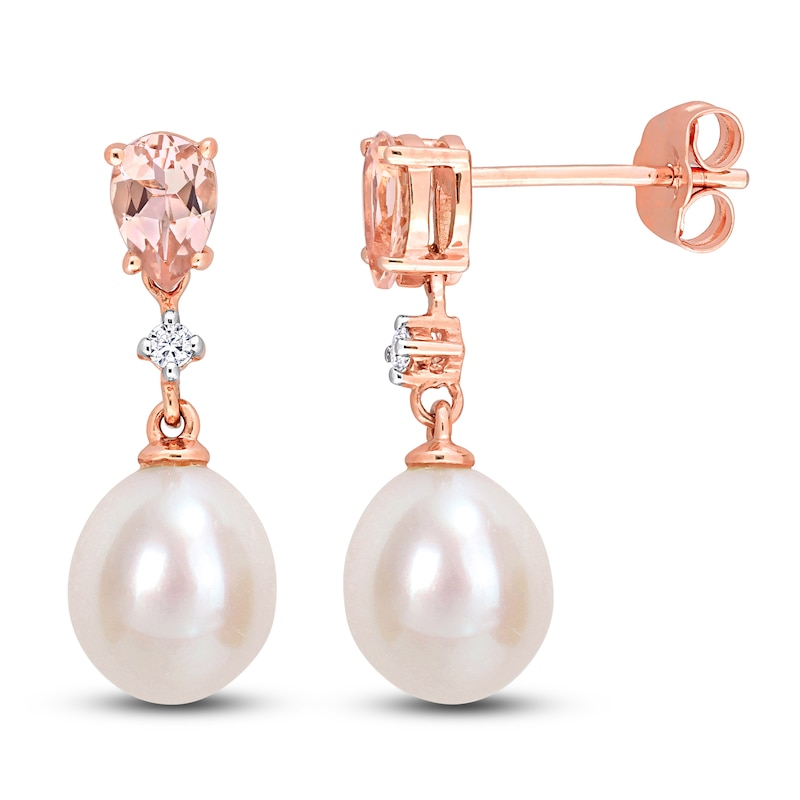 Freshwater Cultured Pearl & Natural Morganite Drop Earrings 1/20 ct tw Diamonds 14K Rose Gold