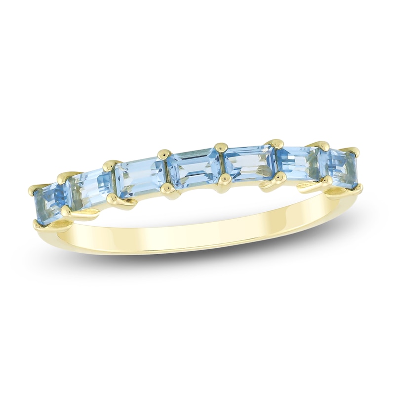 Main Image 1 of Baguette-Cut Natural Swiss Blue Topaz Stackable Ring 10K Yellow Gold