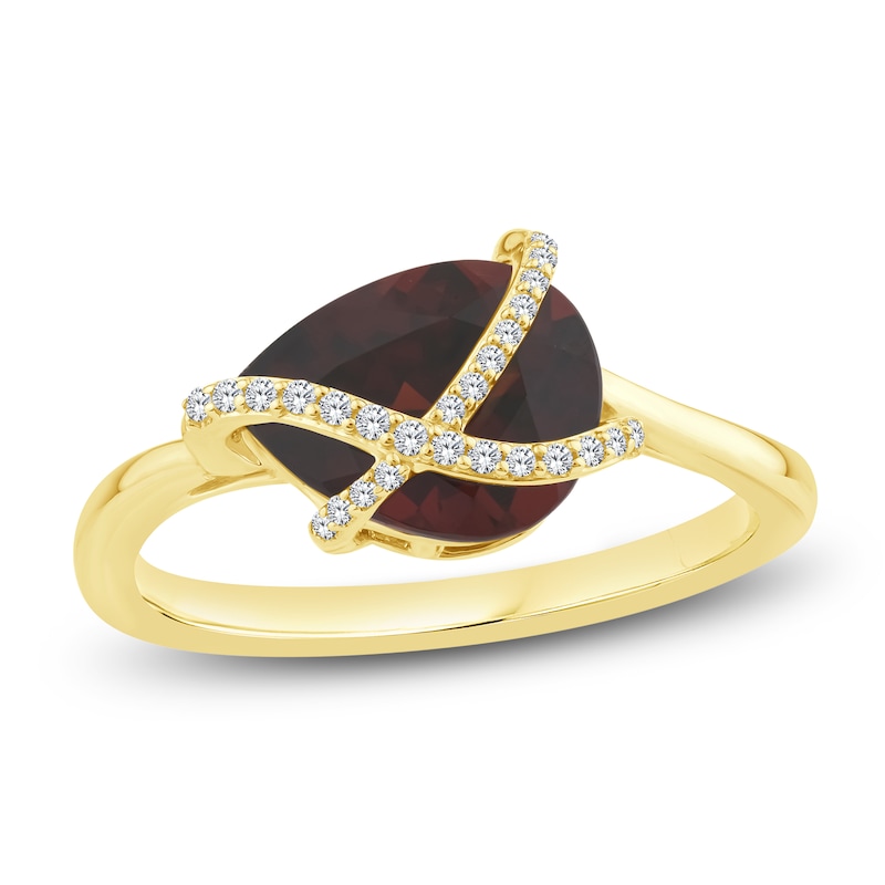 Pear-Shaped Natural Garnet & Diamond Crossover Ring 1/15 ct tw 14K Yellow Gold