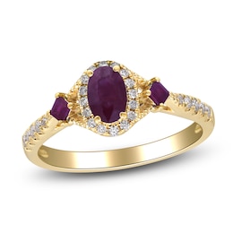 Oval-Cut & Square-Cut Natural Ruby & Diamond Three-Stone Ring 1/5 ct tw 14K Yellow Gold