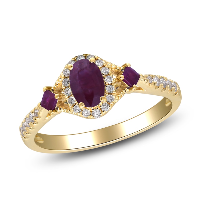 Main Image 2 of Oval-Cut & Square-Cut Natural Ruby & Diamond Three-Stone Ring 1/5 ct tw 14K Yellow Gold