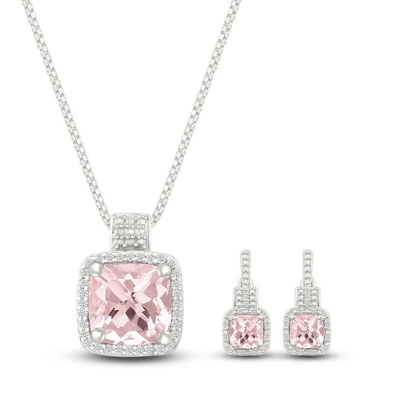 Main Image 1 of Cushion-Cut Natural Morganite & Diamond Gift Set 1/5 ct tw Sterling Silver