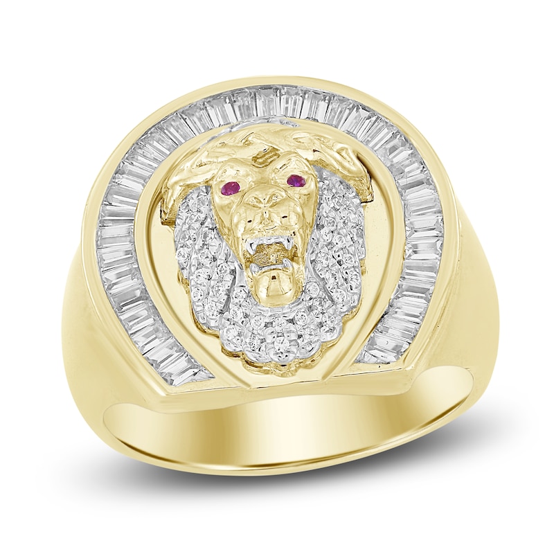 Men's Diamond & Lab-Created Ruby Lion Ring 1/2 ct tw Round/Baguette 10K Yellow Gold