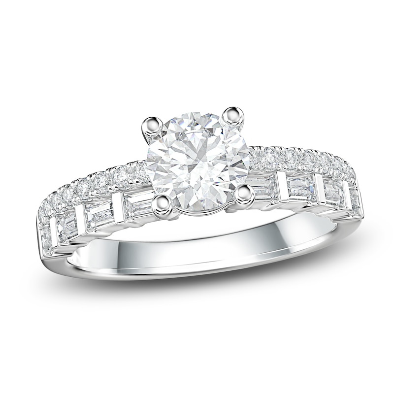 Main Image 1 of Round & Baguette-Cut Diamond Engagement Ring 1 ct tw 14K White Gold