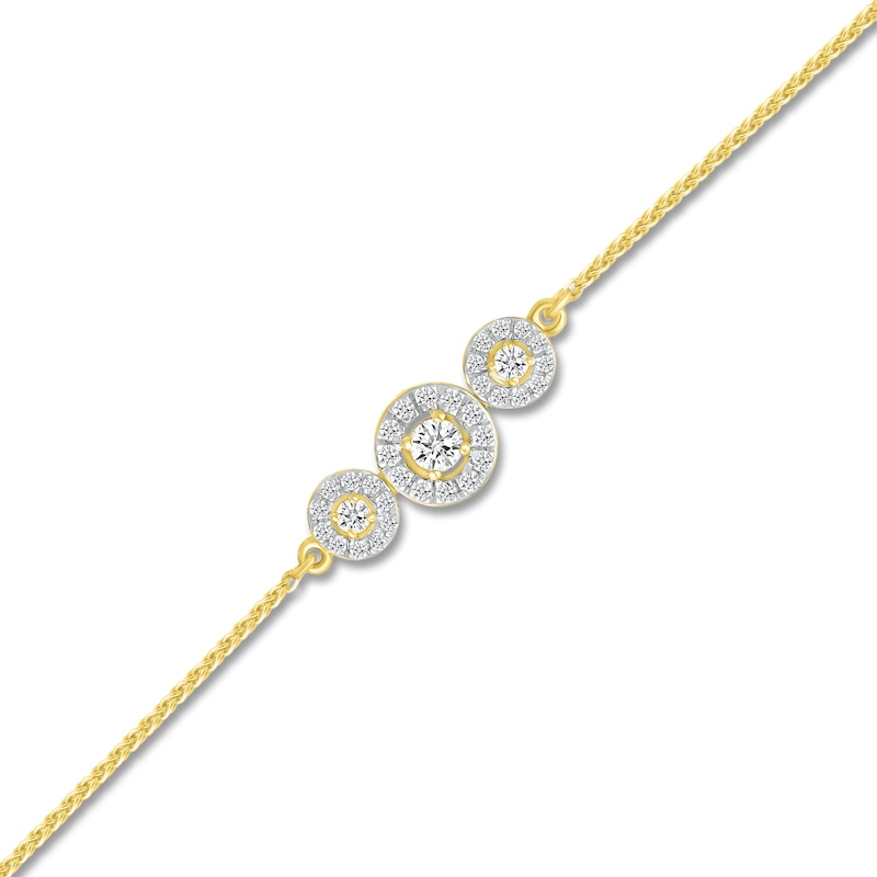 Main Image 2 of Diamond Three-Stone Halo Wheat Chain Bracelet 1/3 ct tw 10K Yellow Gold 7.5&quot;