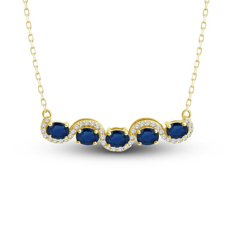 Oval-Cut Natural Blue Sapphire & Diamond Curve Necklace 1/8 ct tw 14K Yellow Gold 18"