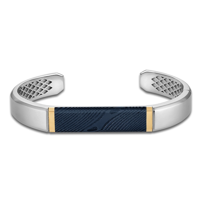 Main Image 2 of Forged by Jared Men's Cuff Bracelet Blue Ion-Plated Damascus Steel, Sterling Silver & 18K Yellow Gold