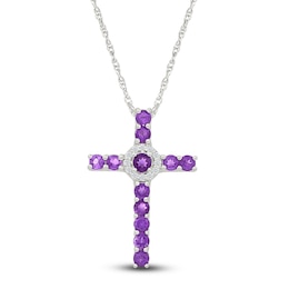 Natural Amethyst & White Lab-Created Sapphire Cross Necklace Sterling Silver 18&quot;