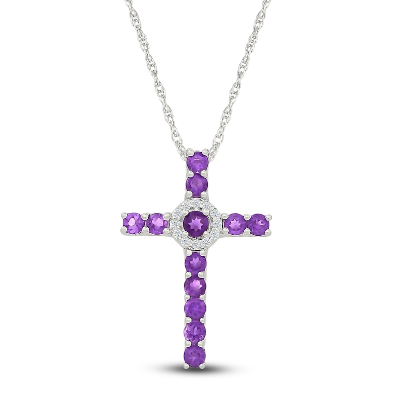 Natural Amethyst & White Lab-Created Sapphire Cross Necklace Sterling Silver 18"