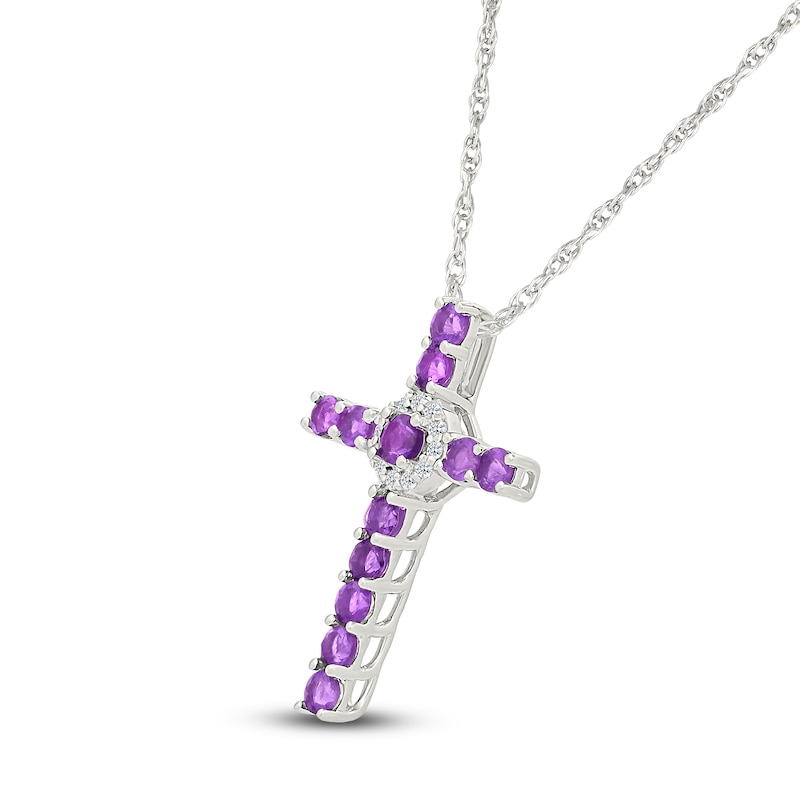 Main Image 2 of Natural Amethyst & White Lab-Created Sapphire Cross Necklace Sterling Silver 18&quot;