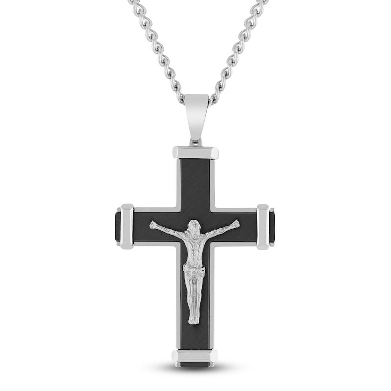 Main Image 1 of Men's Crucifix Necklace Stainless Steel & Black Ion Plating 24&quot;