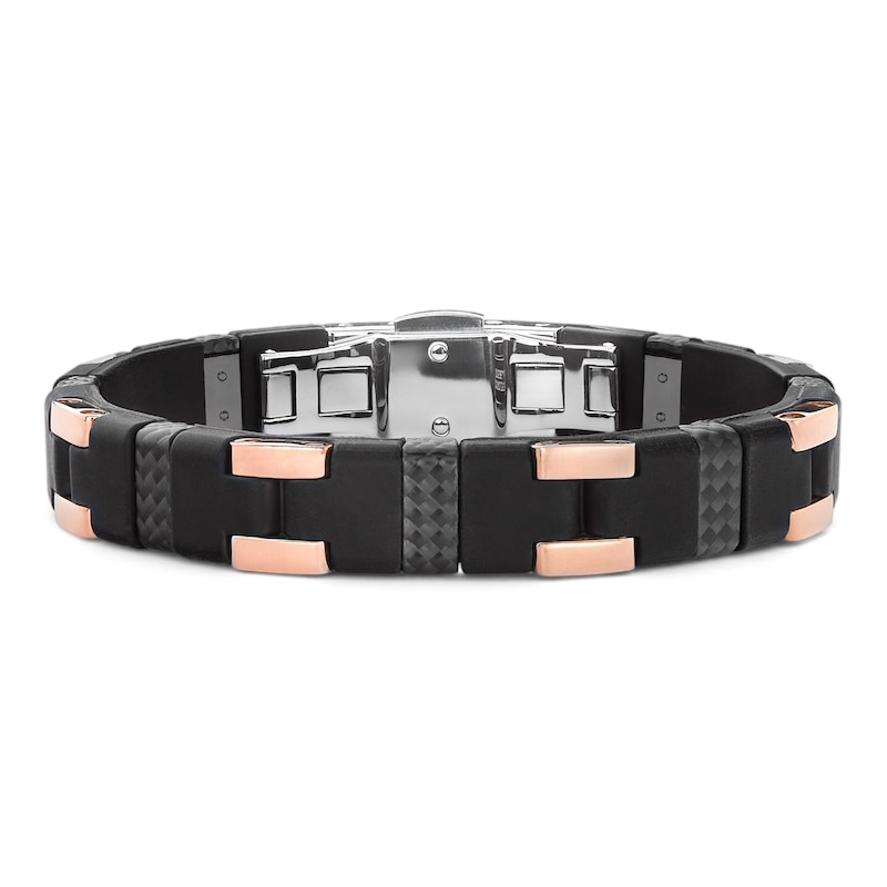 Baraka Men's Carbon Fiber & Rubber Bracelet Sterling Silver & 18K Rose Gold 8.25"