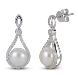 Cultured Pearl and White Lab-Created Sapphire Drop Earrings Sterling Silver