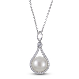 Cultured Pearl & White Lab-Created Sapphire Drop Necklace Sterling Silver 18&quot;