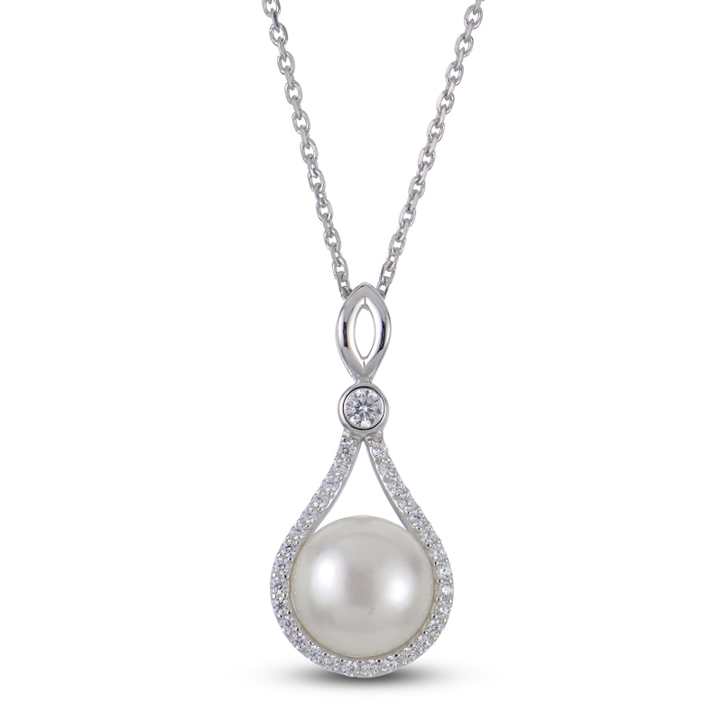 Main Image 1 of Cultured Pearl & White Lab-Created Sapphire Drop Necklace Sterling Silver 18&quot;