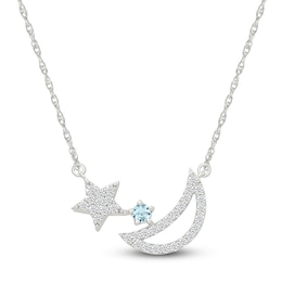 Natural Aquamarine & White Lab-Created Sapphire Moon & Star Necklace Sterling Silver 18"