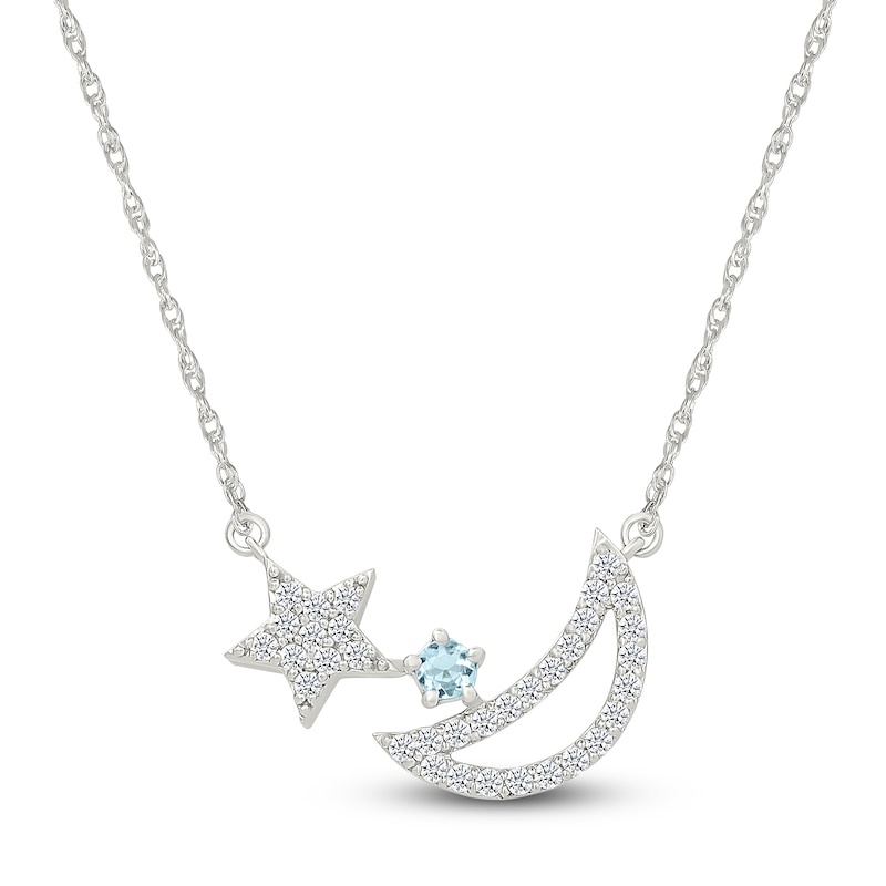 Main Image 1 of Natural Aquamarine & White Lab-Created Sapphire Moon & Star Necklace Sterling Silver 18&quot;