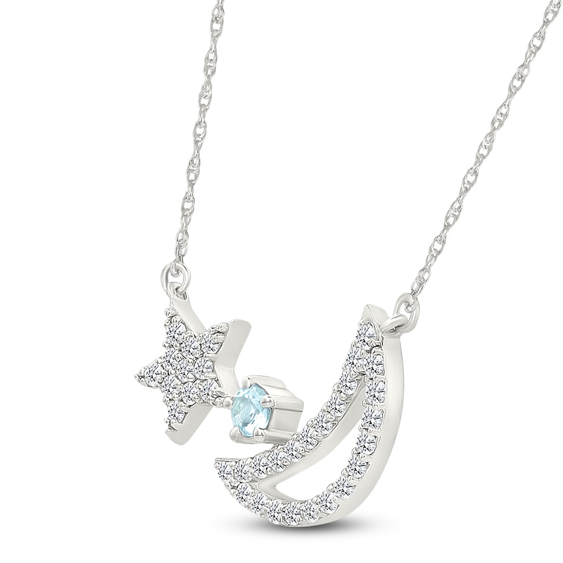 Main Image 2 of Natural Aquamarine & White Lab-Created Sapphire Moon & Star Necklace Sterling Silver 18&quot;