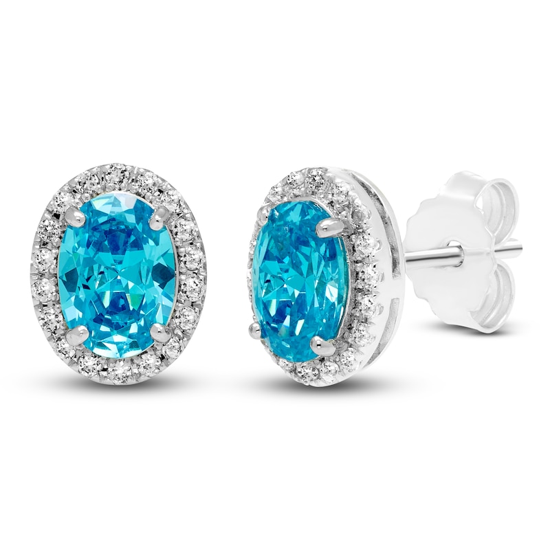 Main Image 2 of Oval-Cut Natural Swiss Blue Topaz & White Lab-Created Sapphire Halo Stud Earrings Sterling Silver