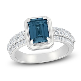 Rectangle-Cut Natural London Blue Topaz & Diamond Ring 3/8 ct tw 10K White Gold