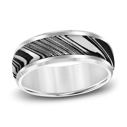 Men's Wedding Band Damascus Steel/White Tungsten 8.0mm