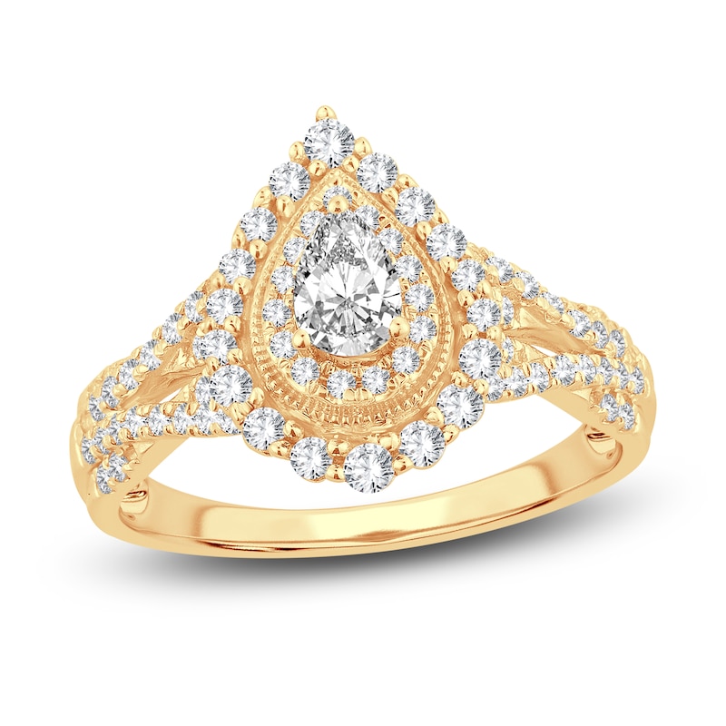 Main Image 1 of Diamond Double Halo Ring 3/4 ct tw Pear/Round 14K Yellow Gold