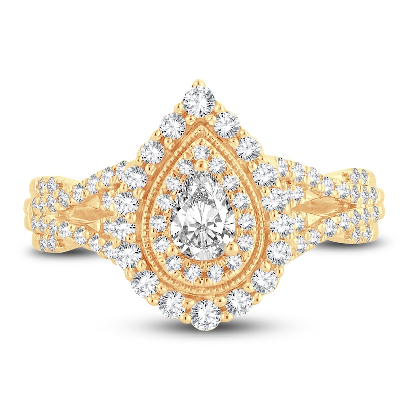 Main Image 3 of Diamond Double Halo Ring 3/4 ct tw Pear/Round 14K Yellow Gold