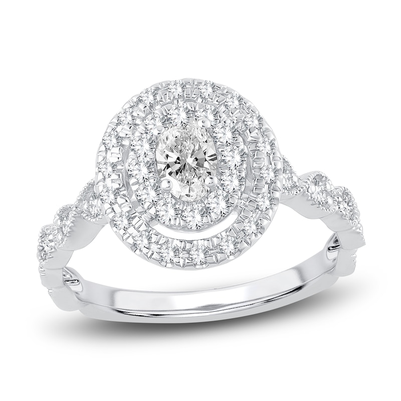 Main Image 1 of Oval & Round-Cut Diamond Double Halo Engagement Ring 1 ct tw 14K White Gold