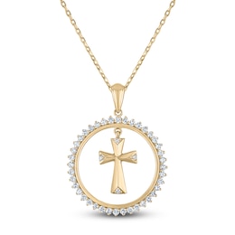 Diamond Cross Dangle Circle Necklace 1/3 ct tw 10K Yellow Gold 18&quot;