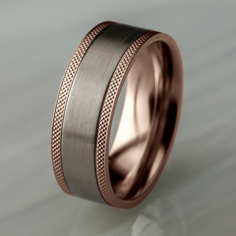 Main Image 4 of Men's Knurled Comfort-Fit Wedding Band 8mm 14K Two-Tone Gold