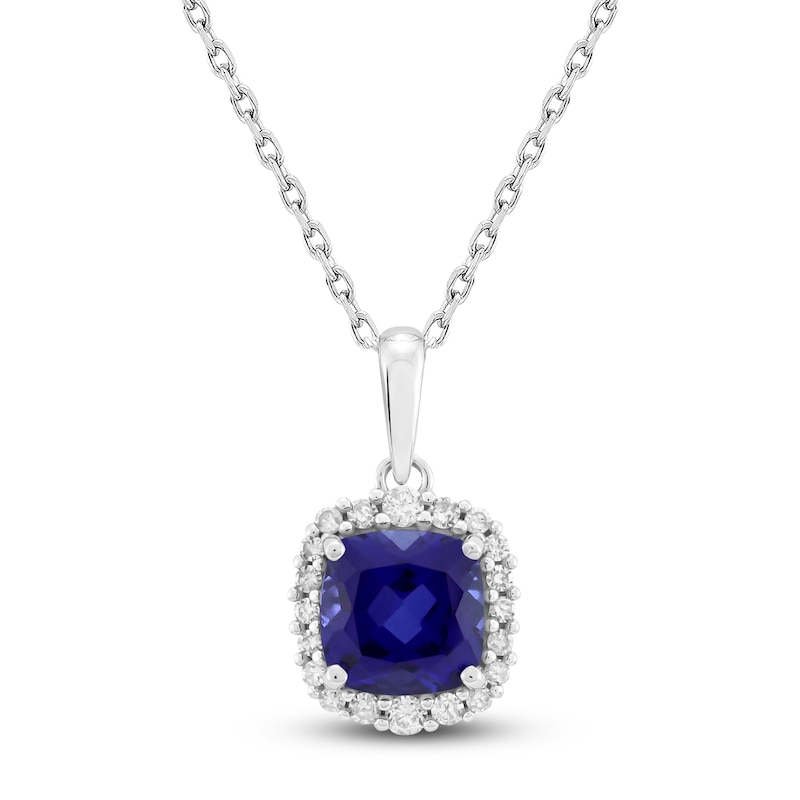 Cushion-Cut Blue Lab-Created Sapphire & Diamond Necklace 1/8 ct tw 10K White Gold 18"