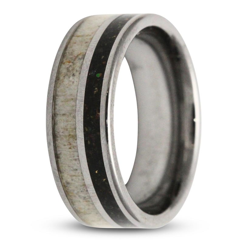 Men's 8mm Black Lab-Created Opal & Antler Inlay Wedding Band Tungsten Carbide