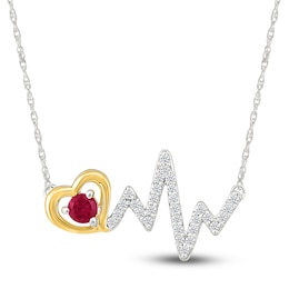 Lab-Created Ruby & White Lab-Created Sapphire Heart & Heartbeat Necklace Sterling Silver & 10K Yellow Gold 18&quot;