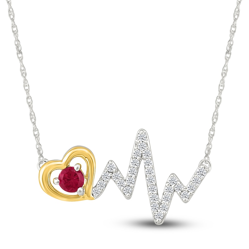 Lab-Created Ruby & White Lab-Created Sapphire Heart & Heartbeat Necklace Sterling Silver & 10K Yellow Gold 18"