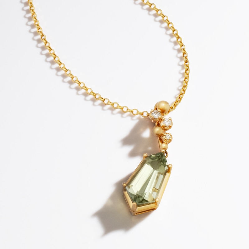 Main Image 3 of Le Vian Silhouette Elongated Shield-Cut Natural Green Quartz Necklace 1/20 ct tw Diamonds 14K Honey Gold 19&quot;