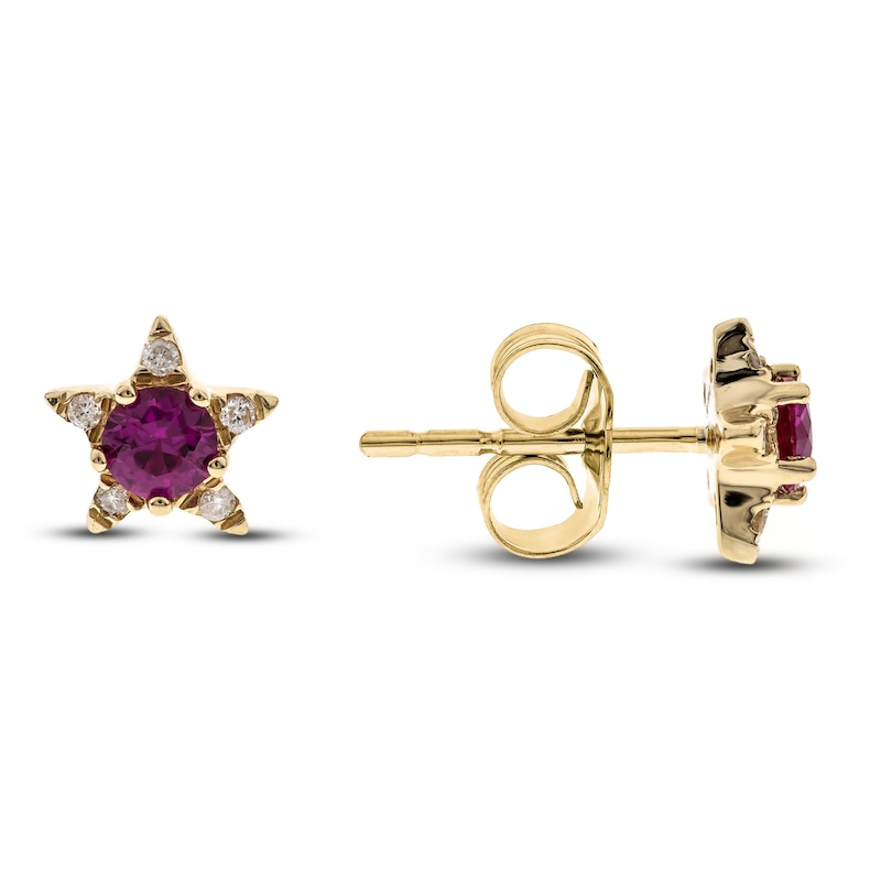 Lab-Created Ruby Star Stud Earrings 1/20 ct tw Diamonds 14K Yellow Gold