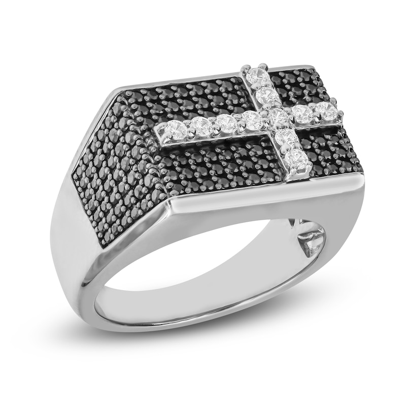 Main Image 1 of Men's Black& White Diamond Cross Ring 1-1/2 ct tw Round 10K White Gold