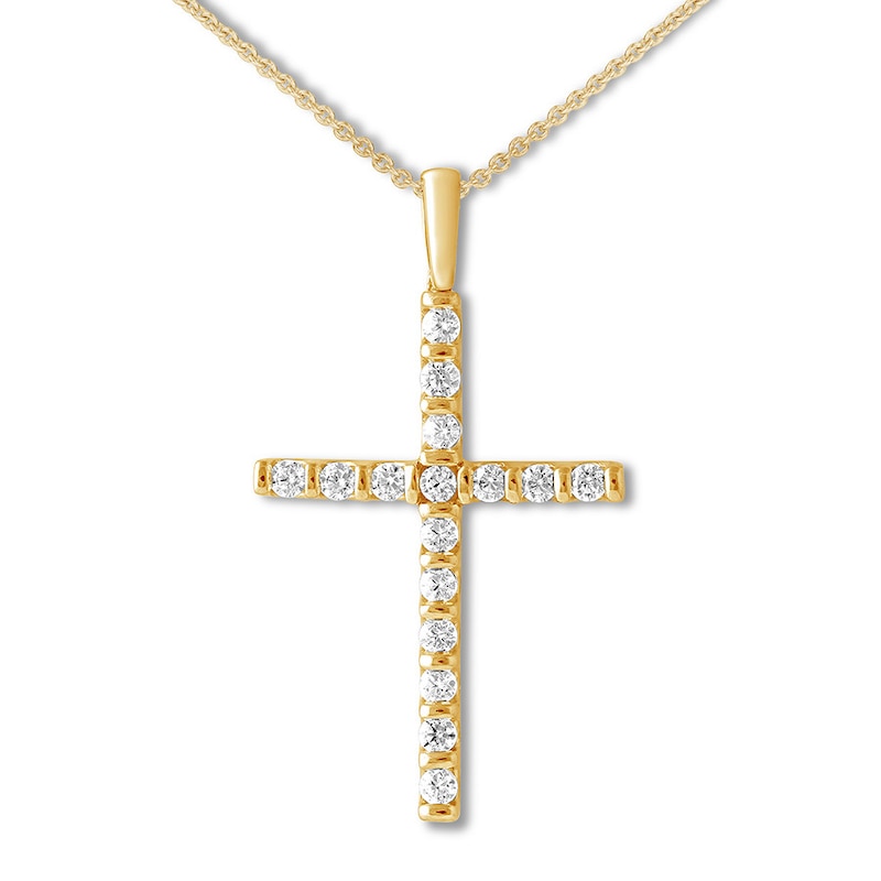 Main Image 1 of Previously Owned Diamond Cross Necklace 1/2 carat tw Round 10K Yellow Gold