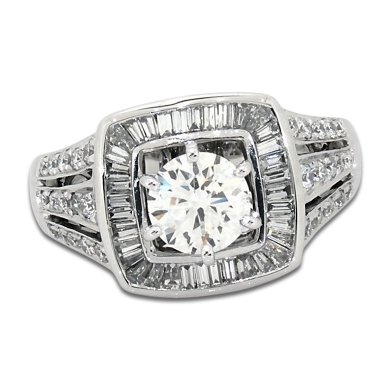 Main Image 1 of Previously Owned Round & Baguette-Cut Diamond Engagement Ring 1-1/5 ct tw 14K White Gold