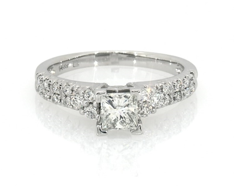 Main Image 1 of Previously Owned Princess & Round-Cut Diamond Engagement Ring 1 ct tw 14K White Gold