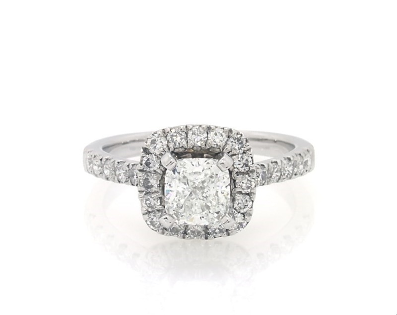 Main Image 1 of Previously Owned Cushion & Round-Cut Diamond Engagement Ring 1-1/2 ct tw 14K White Gold