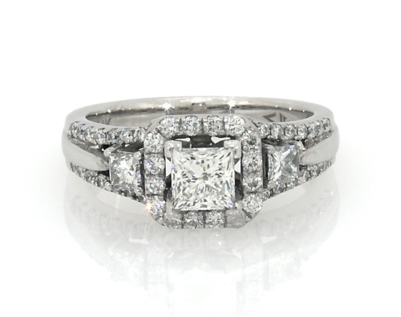 Main Image 1 of Previously Owned Princess & Round-Cut Diamond Engagement Ring 1-1/5 ct tw 14K White Gold