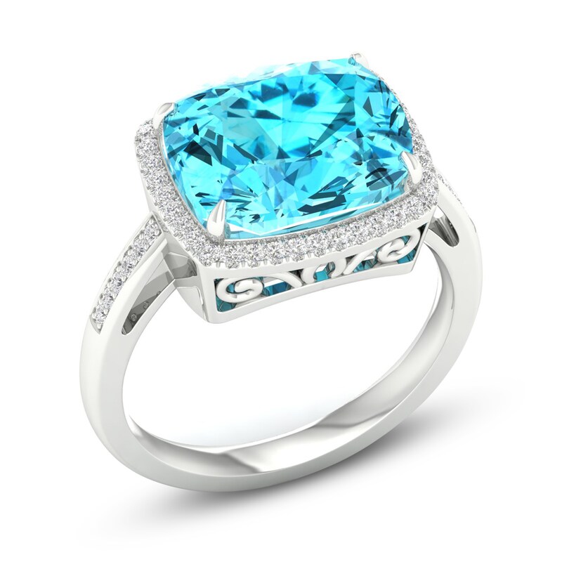 Main Image 2 of Previously Owned Natural Swiss Blue Topaz Ring 1/6 ct tw Diamonds 10K White Gold