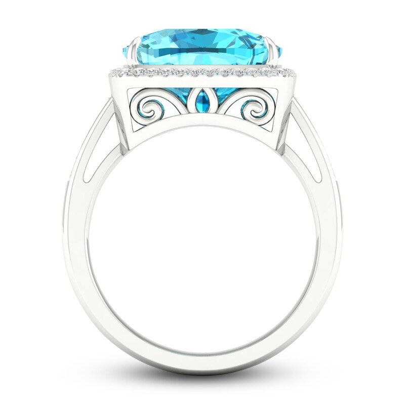 Main Image 4 of Previously Owned Natural Swiss Blue Topaz Ring 1/6 ct tw Diamonds 10K White Gold