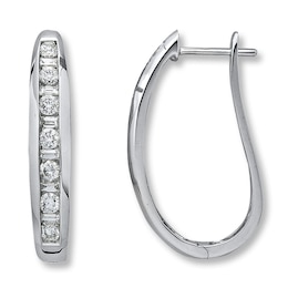 Previously Owned Diamond Hoop Earrings 1 ct tw Round/Baguette-Cut 14K White Gold